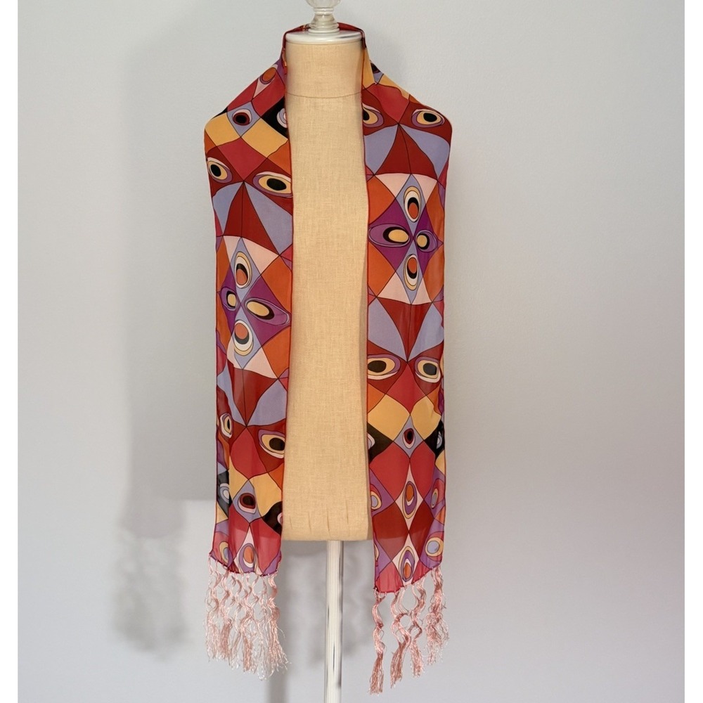 VTG Fringe Scarf Shawl Wrap Geometric Occhi Eye Abstract 70s Style Mid Century